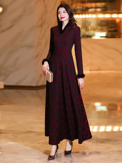 Nuevo vestido de mujer otoño invierno más terciopelo grueso moda piel de visón pequeño escote en V manga larga vestido ajustado elegante vestido largo