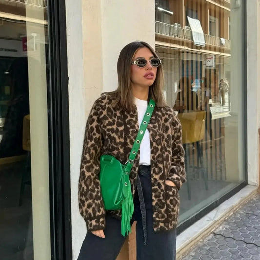 Chaqueta de leopardo de otoño Oligai, abrigo para mujer, novedades de 2024, chaqueta de un solo pecho con cuello redondo, abrigo informal para mujer