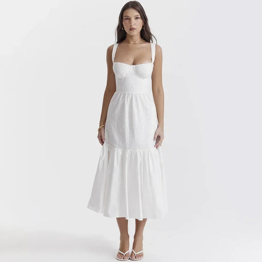 Robe d'été pour femme Mingmingxi 2024 Robe longue décontractée en mélange de lin et de coton Robe de soirée élégante blanche en gros