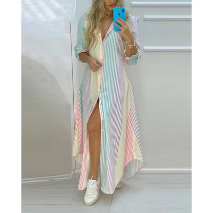 Robe longue imprimée style bohème pour femme, tenue d'été à col rabattu et manches longues, tenue de soirée décontractée, maxi