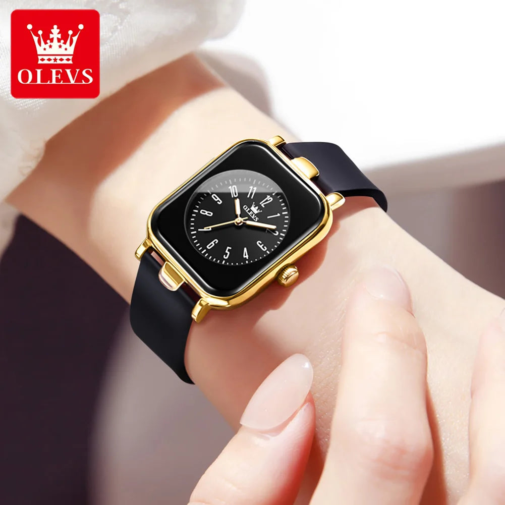 OLEVS 9961 Reloj de cuarzo original para mujer, relojes con correa de silicona, esfera digital cuadrada negra, reloj de pulsera impermeable para mujer, regalos