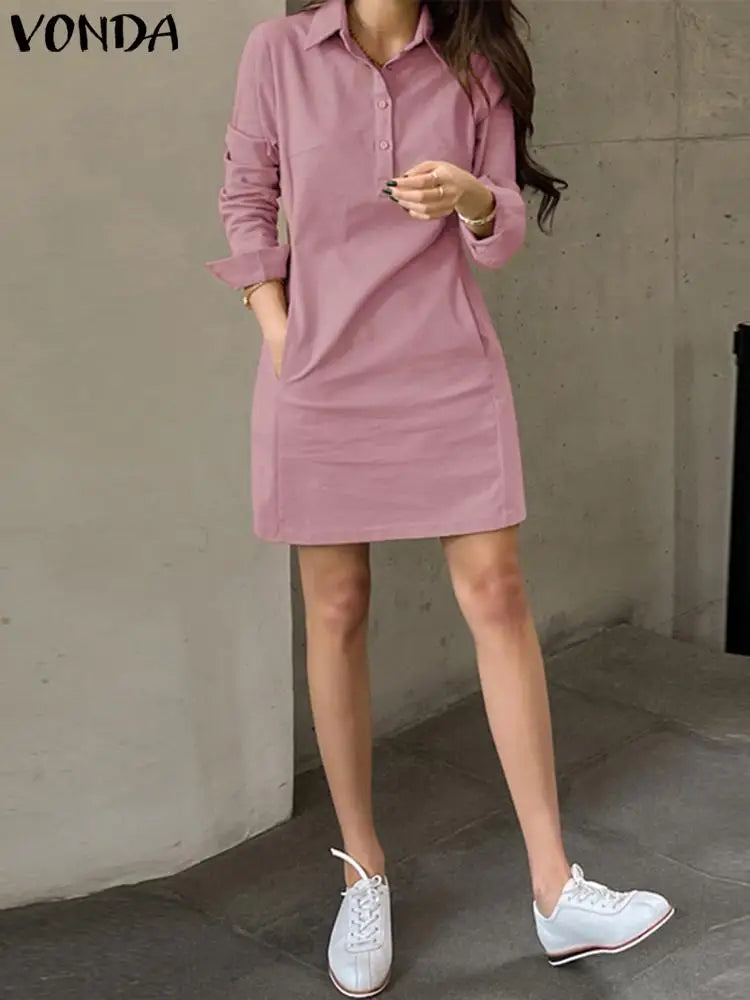 VONDA Summer Mini Dress Women 2024 Sexy Long Sleeve Shirt Sundress Casual Loose Solid Buttons Pockets Elegant Short Vestidos