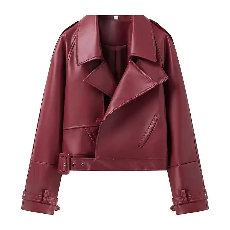 Oligai 2024 Winter Autumn Vintage Faux Leather Jacket Coat Chic Short Belt Bomber Jackets for Women Wine Street Outwear