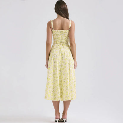 Oligai Summer Dresses for Women 2024 Elegant Long Party Dresses Yellow Flower Print Spaghetti Strap Casual Dress Midi Vestidos