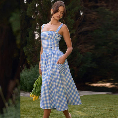 Oligai Elegant and Beautiful Women Dresses 2024 Summer Spaghetti Strap Long Plaid Dress with Pocket Female Vacation Dress