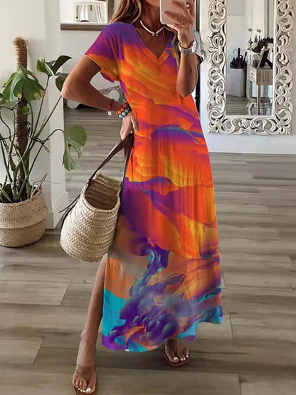 Geometric Irregular Printed T-shirt Long Dress Women's Summer Round Neck Short Sleeve A-line Dress Casual Vacation Robe