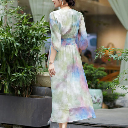 Elegant Vintage Dresses For Women 2024 Summer V-neck Women's Print Dress A-line 100% Real Silk Woman Fashion Holiday Long Dress