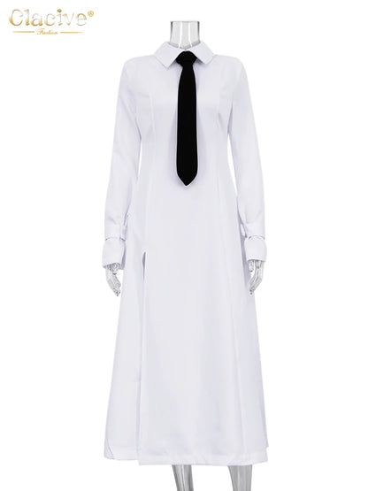 Vestido de oficina blanco ajustado de moda Clacive, vestido informal de solapa de manga larga hasta el tobillo, vestidos elegantes clásicos con abertura para mujeres 2024