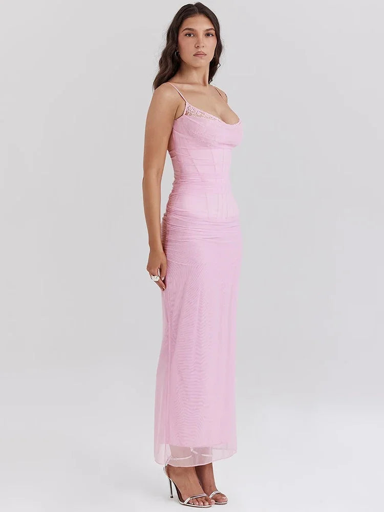 Robe longue sexy en maille Suninbox pour femmes 2024 Robe corset d'été longue rose à bretelles spaghetti sans manches dos nu Robes de fête