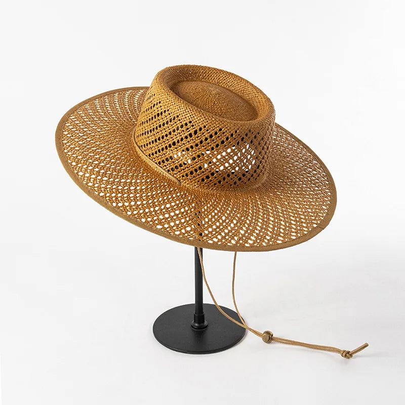 Nouveaux chapeaux de paille de plage à grand bord creux de style designer pour femmes avec sangles chapeaux de soleil d'été de conception de mode Lady Panama Fedora Hat