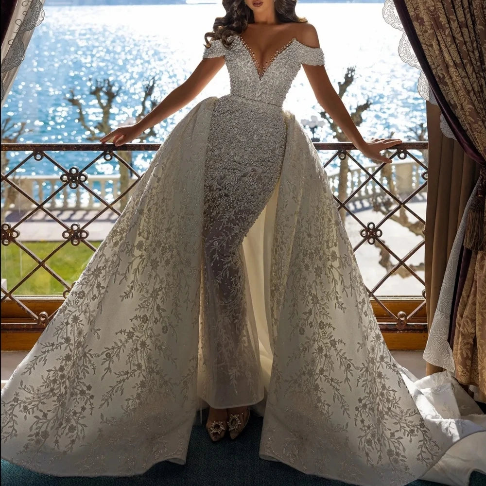 Vestido de novia con cola desmontable y hombros descubiertos, con perlas brillantes, vestido de novia de lujo con apliques, vestido de novia