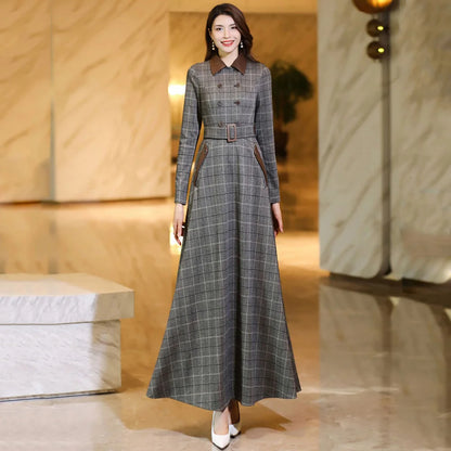 New Women Spring Autumn Long Plaid Dress Fashion Patchwork Turn-down Collar Long Sleeve Slim Dress Simplicity Casual Gray Dress