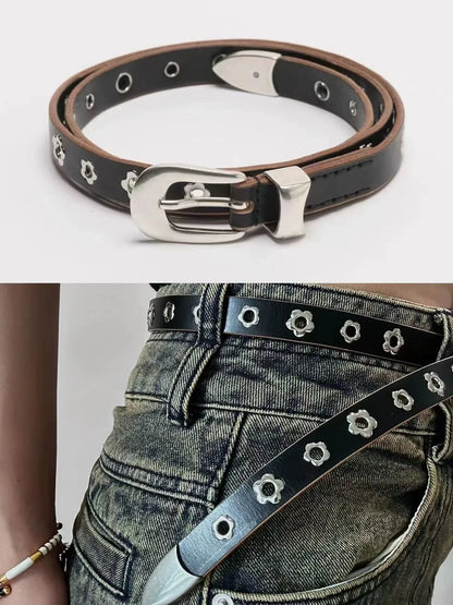 Women Rivet Embellished Leather Belt  Black Flower Stud Belt Floral Hole Waist Buckle Cowskin