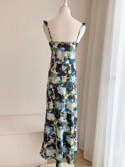 Women Flower Printed Slim Fit 100% Silk Strap Long Dress