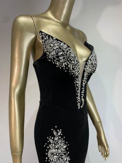 Robe longue sexy sans bretelles dos nu avec perles et diamants pour femmes, tenue de soirée élégante et noire, 2024