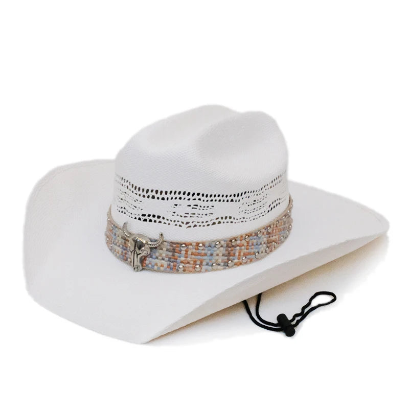 Yellowstone Retro Cow Head Leather Belt Hollow-out Hard Straw Beach American Western Wide Brim Cowboy Cowgirl Sun Hat 55-61cm