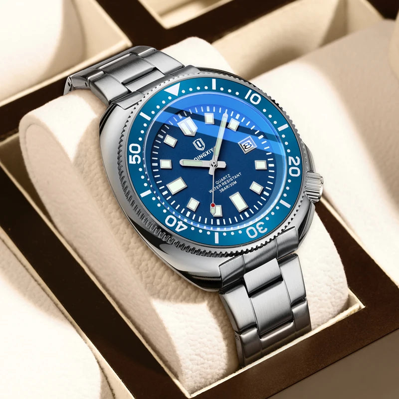 QINGXIYA Montre à Quartz Bleue pour Hommes en Acier Inoxydable Étanche Lumineuse Date Montres pour Hommes Top Marque De Luxe Relogio Masculino