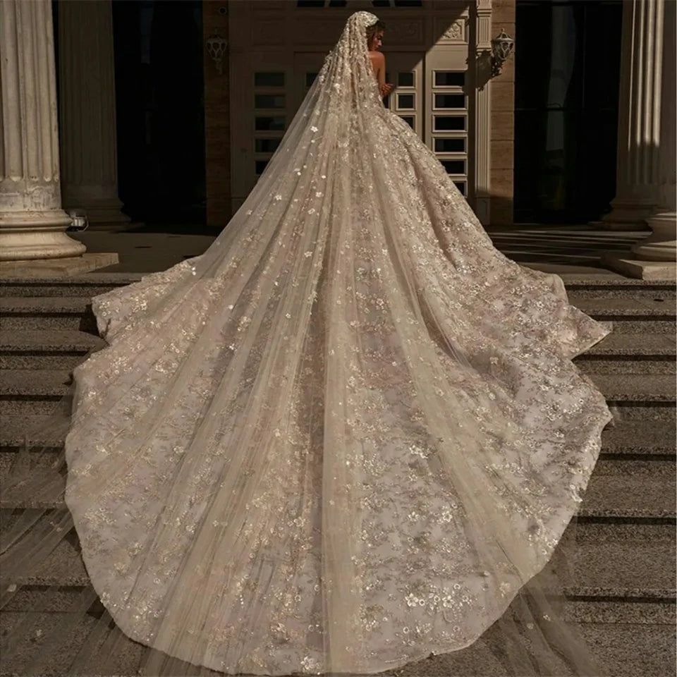 Robes de mariée de luxe à paillettes 3D avec appliques de fleurs perlées 2023 sans manches chérie train tribunal robes de mariée en tulle pour femmes