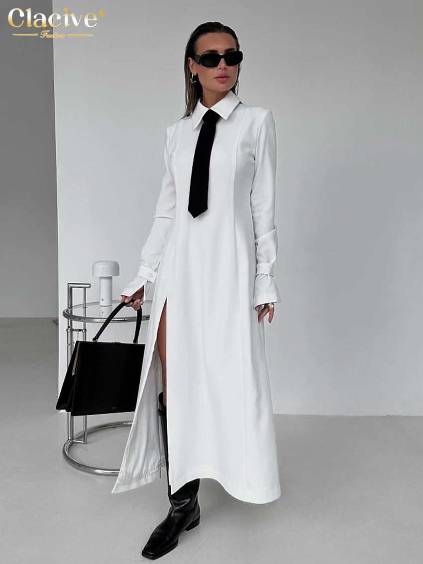 Clacive Fashion Slim White Office Dress Robe décontractée à revers à manches longues et longueur cheville Robe élégante classique fendue pour femmes 2024