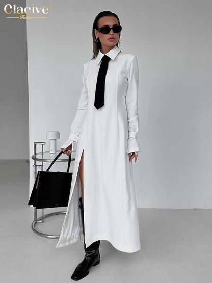 Vestido de oficina blanco ajustado de moda Clacive, vestido informal de solapa de manga larga hasta el tobillo, vestidos elegantes clásicos con abertura para mujeres 2024