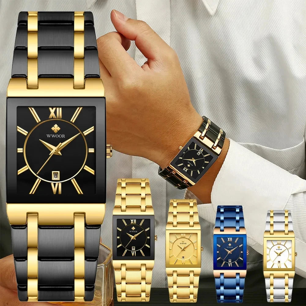 WWOOR 2024 Relojes de moda para hombre, reloj de pulsera de lujo de primera marca, reloj de cuarzo cuadrado resistente al agua con diseño de Ginebra, reloj masculino