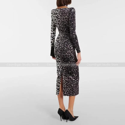 No returns are supported! Original AP square neck leopard print long sleeve tight evening dress