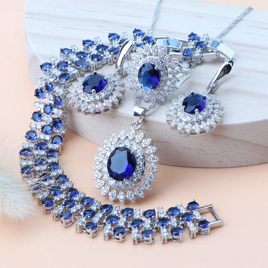 Conjuntos de joyas nupciales naturales Plata 925 Anillo Colgante Collar Pendientes Pulseras Boda Conjunto de circonita cúbica azul para mujer