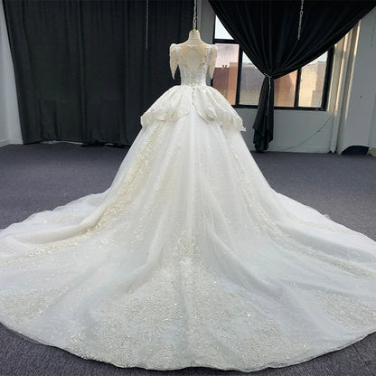 Robe longue de mariage en organza pour femme au design populaire avec broderies et perles, col rond, illusion