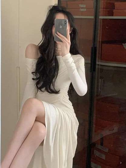 New Winter Sexy Elegant Midi Women Off Shoulder Dress Office Lady Korean Fashion Long Sleeve Evening Party Vestdios Robe