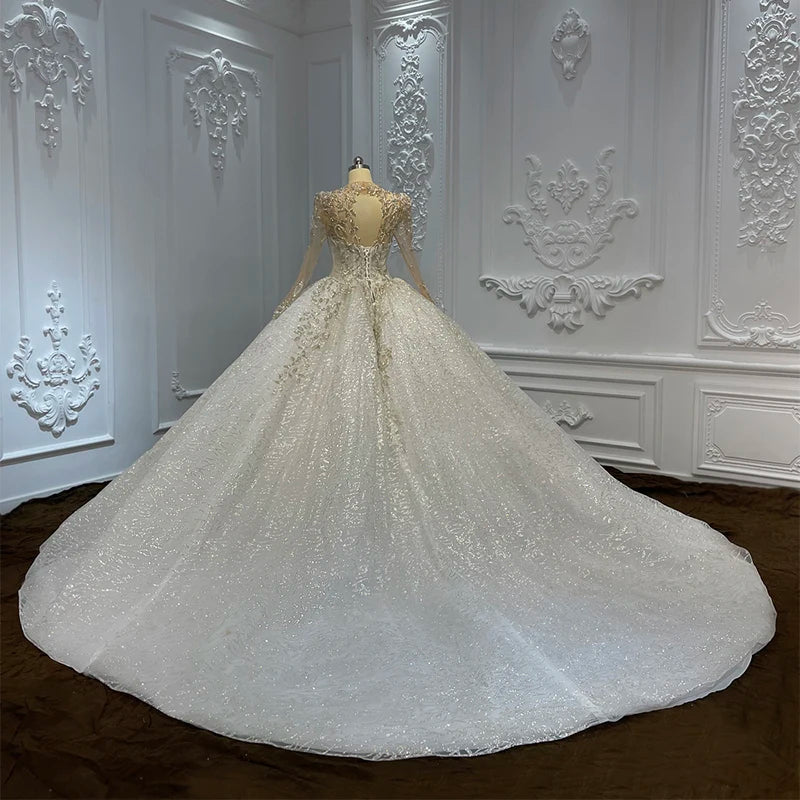 Robe de mariée de première qualité Jancember 2024 en organza à manches longues et perles à lacets et plis dos nu LSCJ04