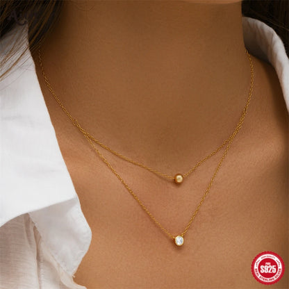 Collar con colgante de circonita en miniatura de cadena doble de plata de ley 925 de Aide para mujer, joyería fina de oro K de alta calidad