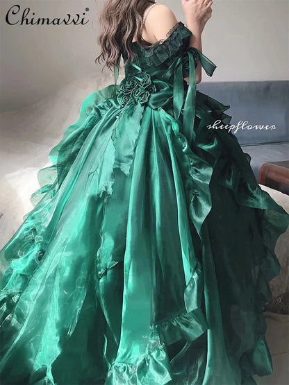 Green Front Short Back Long Lolita Dress Women Autumn Heavy Industry Sexy Girl High Waist Party Trailing Umbrella Princess Dress