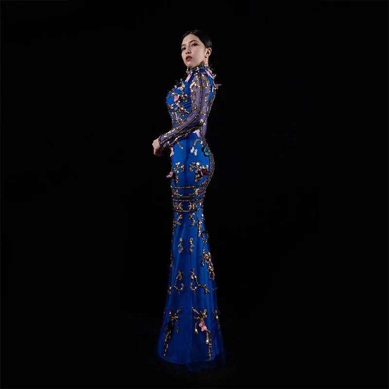 Vestido de noche azul real Baisha, falda larga, diseño de mariposa 3D hecho a mano con cuentas, para fiesta, espectáculo, disfraz de malla de lujo, فساتين للمناسH617