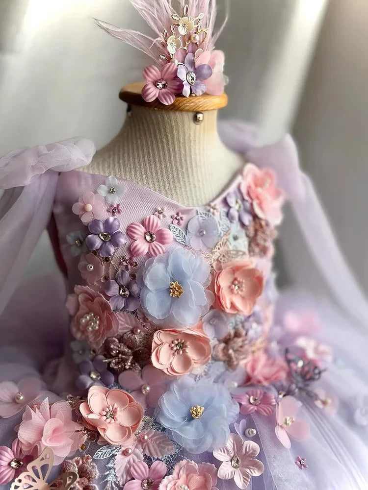 Vestido de gasa de princesa Lolita para niña, con tirantes de perlas y flores bordadas, vestido esponjoso para fiesta de cumpleaños y carnaval, ropa de actuación