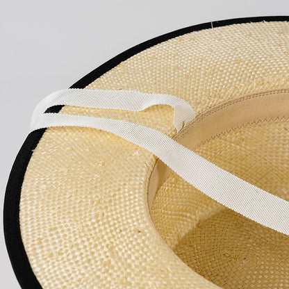 Nuevos sombreros de paja de sisal de verano para mujer, elegante sombrero de playa con cordones y parte superior plana, sombrero de canotier de lujo tejido a mano, gorra de jazz panameña