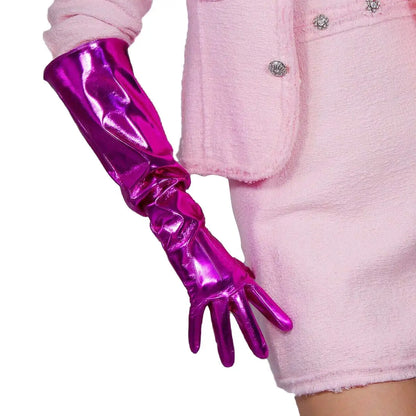 Guantes unisex de talla grande de DooWay con brillo rosa, largos de cuero abullonados, mangas anchas, látex sintético, para cosplay, para noche, ópera