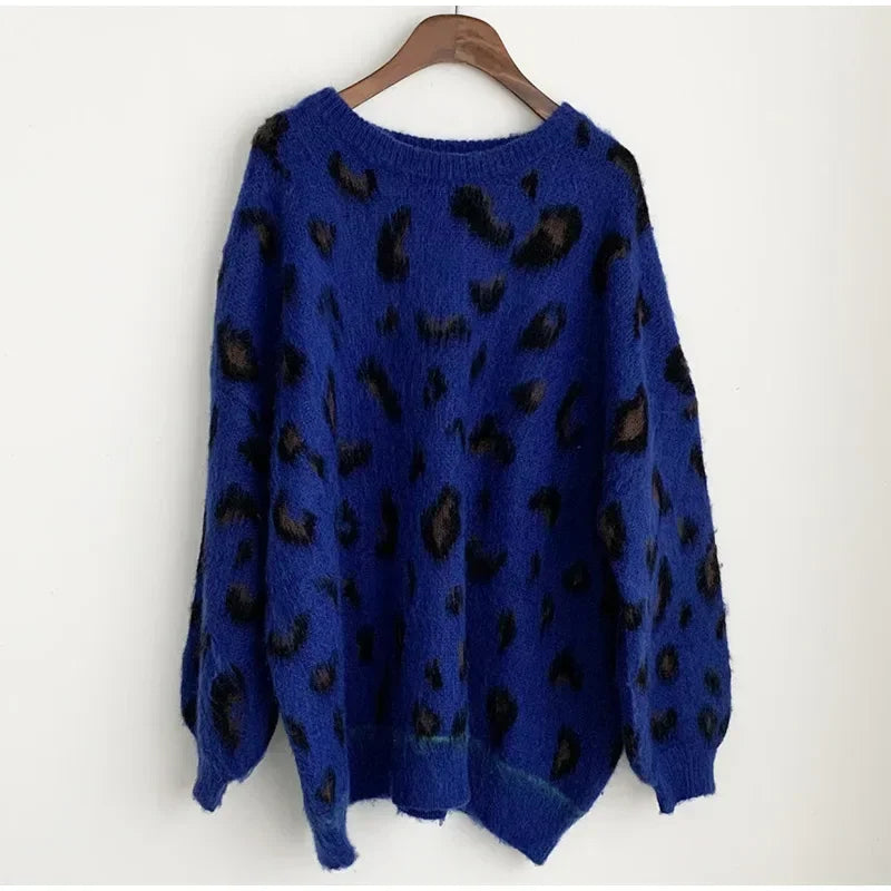 Autumn Warm Leopard Print Pullover for Women Casual Loose Oversized Sweater Pullovers O Neck Long Sleeve 2024 Women's Jumpers