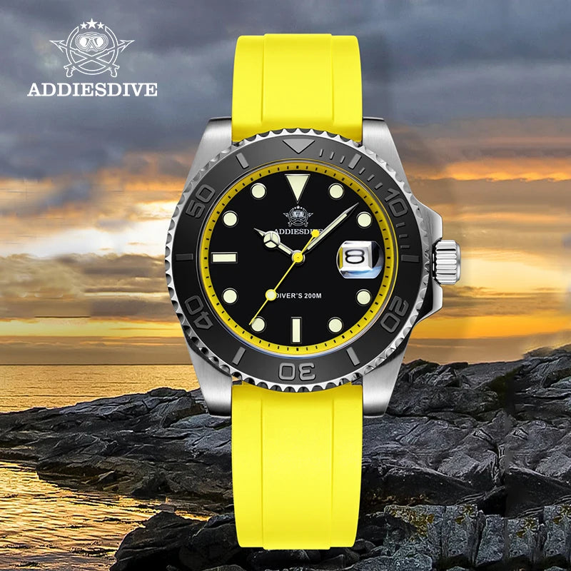 Reloj ADDIESDIVE con bisel giratorio para hombre, reloj de cuarzo de 41 mm, acero inoxidable, correa de caucho luminosa BGW9, reloj de buceo para hombre de 200 m, nuevo