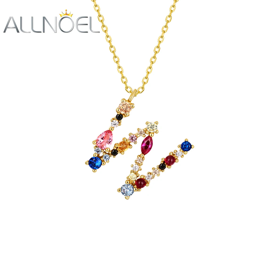 ALLNOEL 26 Alphabet Pendant Necklace Women 925 Sterling Silver Rainbow Colorful Crystal Initial Letter M K W F Gold Fine Jewelry