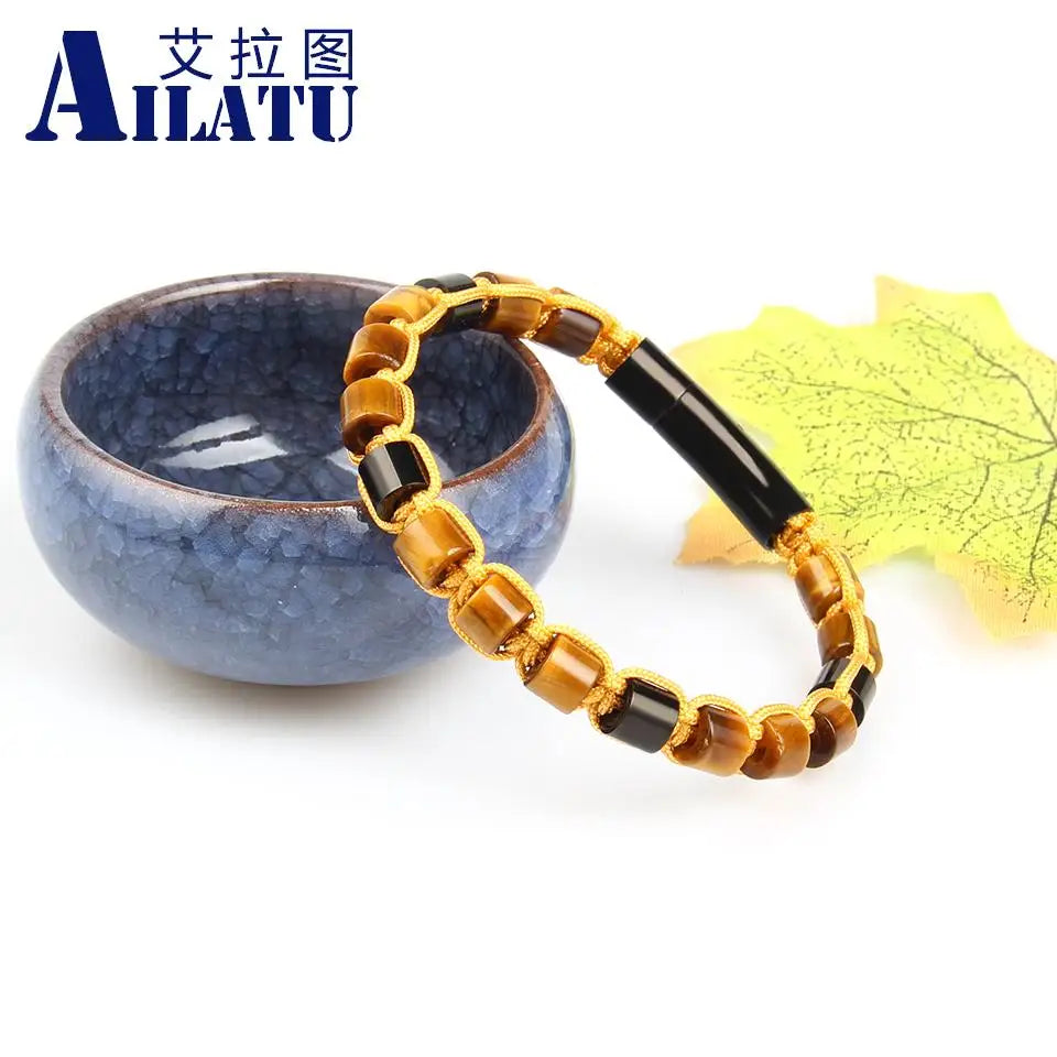 Ailatu Lot de 10 bracelets d'amitié neufs, œil de tigre de 6 mm, pierre lapis, perles cylindriques en onyx noir, bijoux en acier inoxydable pour hommes