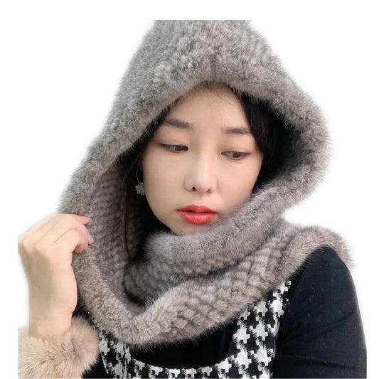 Winter Real MInk fur Hat Women Thick Knitted Ladies Warm Hats and Scarf Russian Cap Muffler One pieces