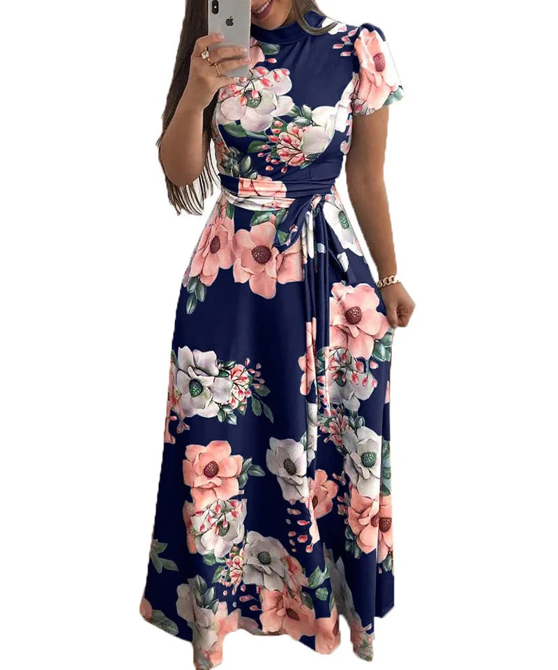 Vestido largo de verano para mujer, superlargo, informal, de manga corta, con estampado de flores, cuello alto, estilo vendaje, tallas S a 5XL, 2023