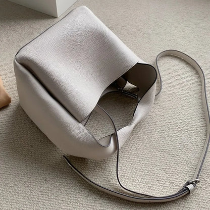 Commuting Versatile Simple Calfskin Shoulder Strap Handbag Square Bucket Bag