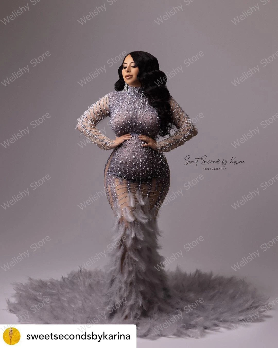 Glitter Beaded Maternity Gowns For Photo Shoot Sexy Crystal Diamond Mermaid Long Pregnant Dresses Women Feathers Mermaid Gown