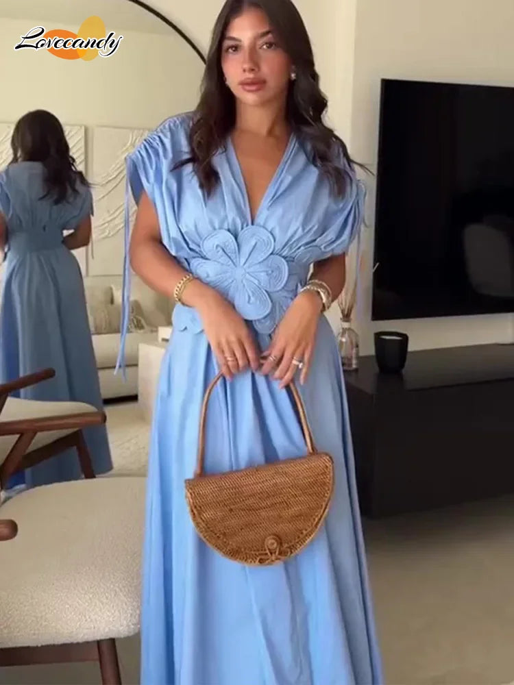 Women Summer Elegant Pleated Bow V Neck Blue Long Dresses 2024 New Sleeveless Wrapped Waist Maxi Dress Lady Vacation Party Robe