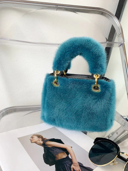 Mink Fur Handbag Small Square Bag Woman Shoulder Bag  Party Hand Bag Woman  Fashion Plush Bag Real Mink Fur Bag Furry Fur Bag