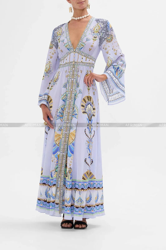 Women V Neck Crystal Beaded Flare Long Sleeve Elastic Waist Retro Blue Print 100% Silk Long Dress