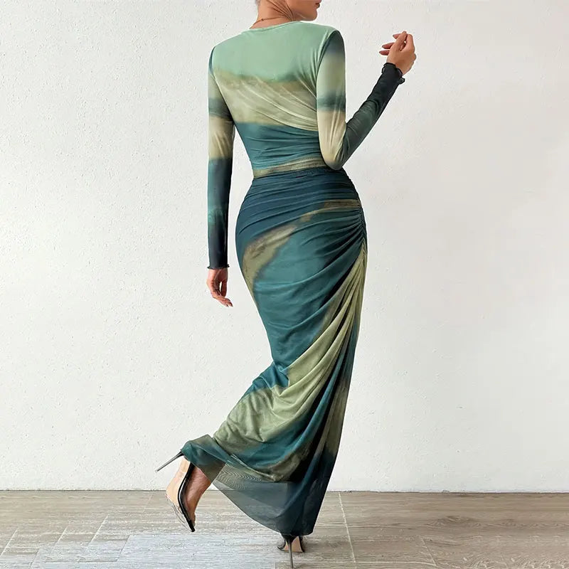 Robe corset en maille verte tie dye, robes d'été pour femmes, robe moulante à manches longues, robe imprimée maxi froncée transparente pour femmes