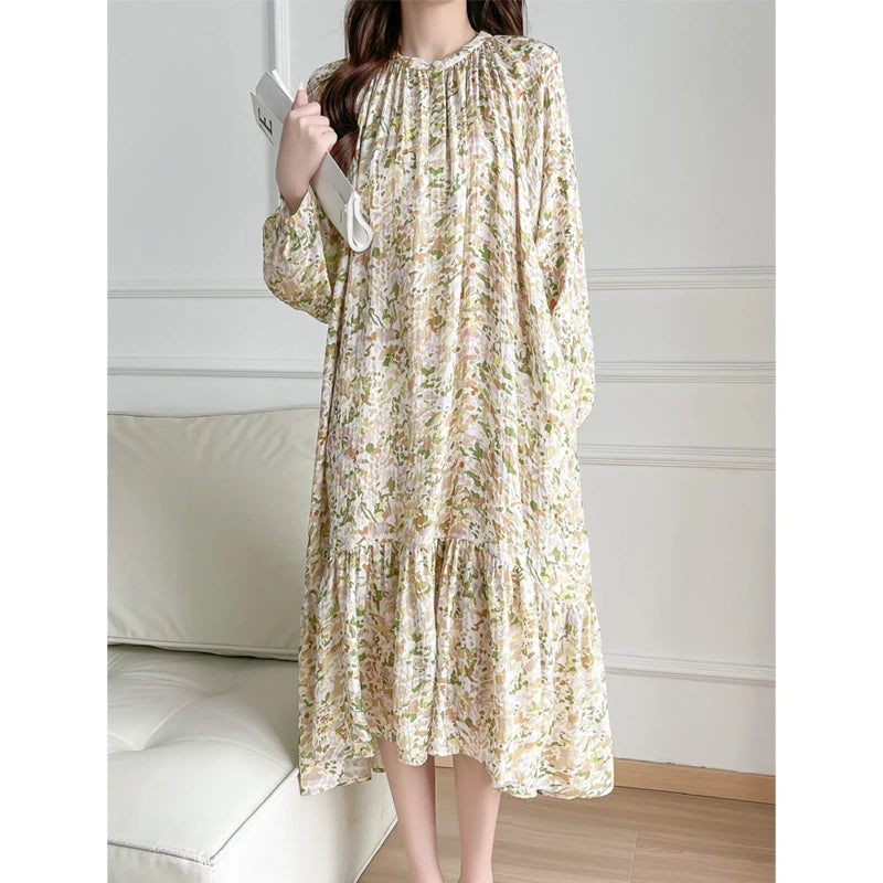 BirdTree, 19MM 100% vraie soie robes élégantes, femmes manches longues col rond fleur, robe chic de prairie française, été 2024 D45025QC