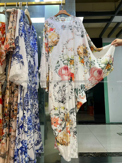 Vestido largo holgado de seda con escote en V, estampado de flores y cuentas, manga acampanada y cintura alta para mujer